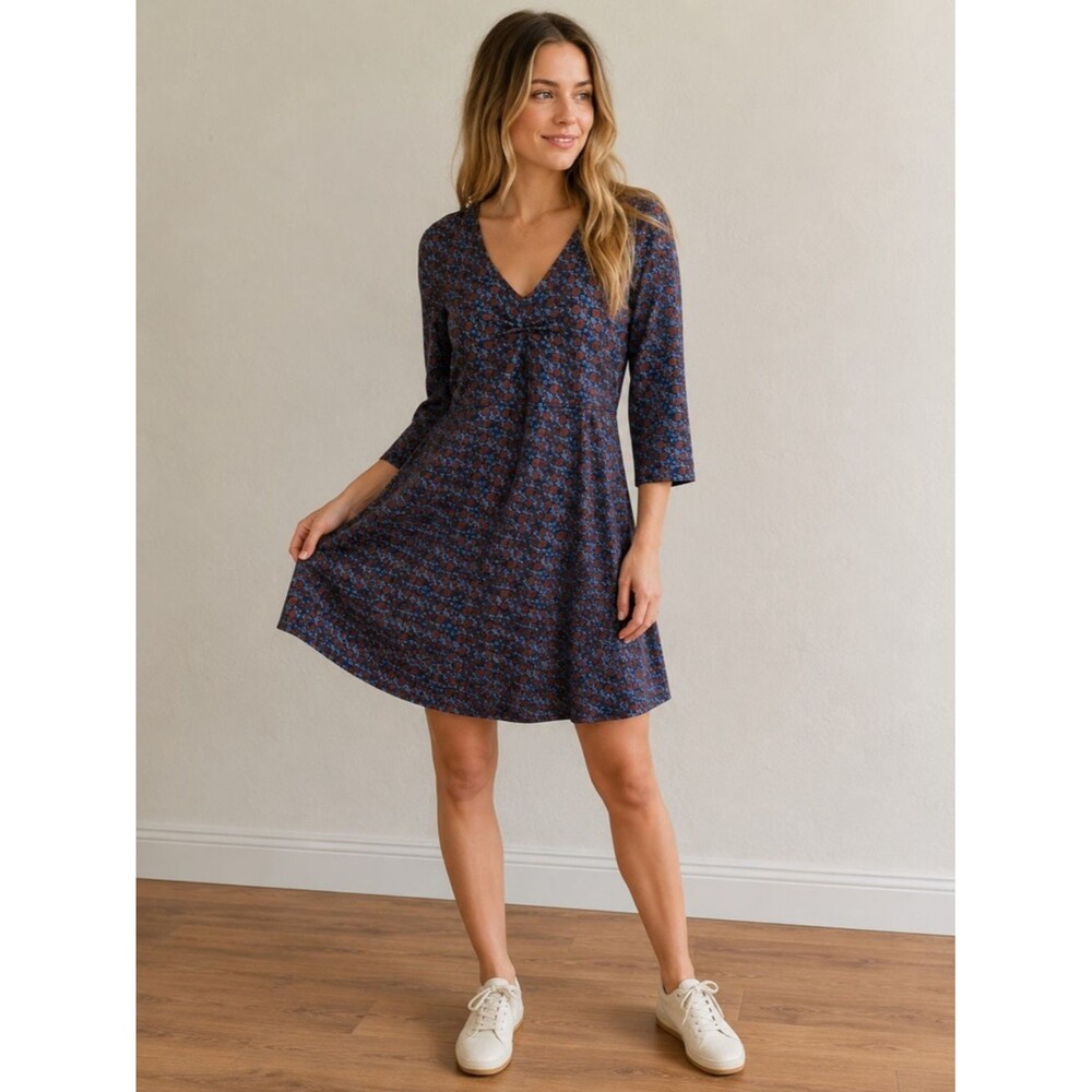TOAD&CO Floral A-Line Dress Size Small Blue Red 3/4 Sleeve Stretch Knit